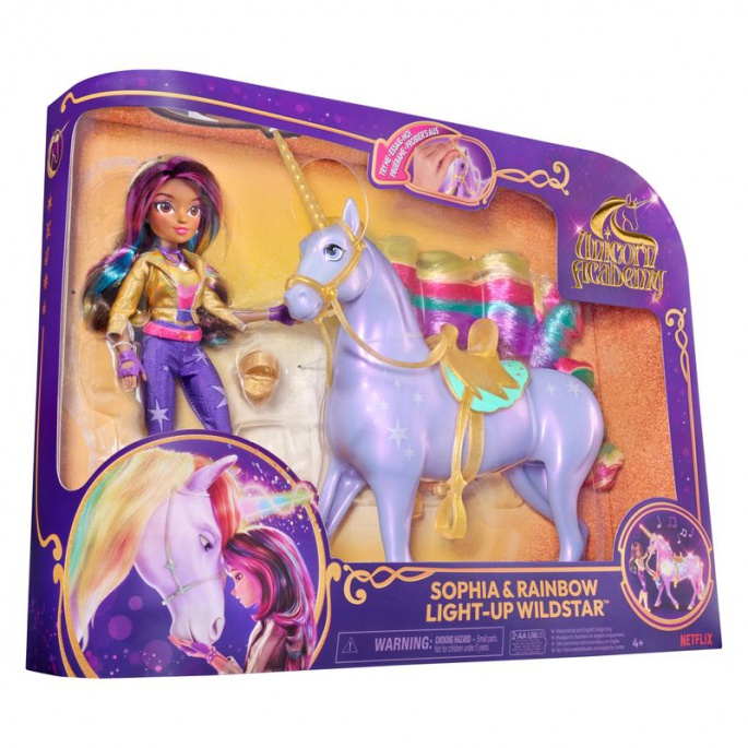 Unicorn Academy Licht-Einhorn Wildstar 28 cm mit Puppe Sophia 24 cm