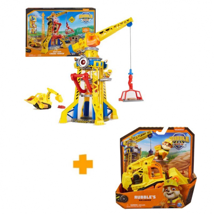 Vorteilhaftes Paket: Rubble & Crew interaktiver Kran mit Geräuschen 60 cm + Basisfahrzeug Rubble