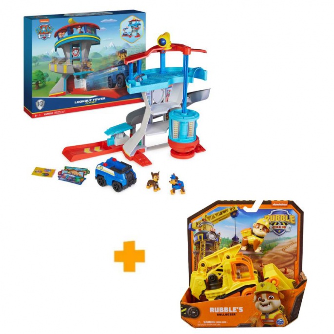 Vorteilhaftes Paket: PAW Patrol Überwachungsturm + Rubble & Crew Basisfahrzeug Rubble