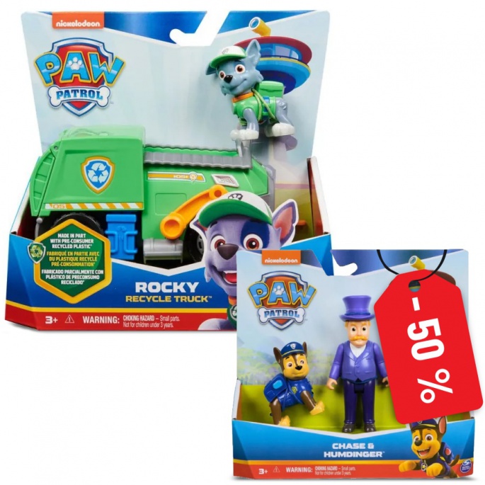 Vorteilhaftes Paket: Paw Patrol Basisfahrzeug Rocky und Bürgermeister Humdinger zum halben Preis