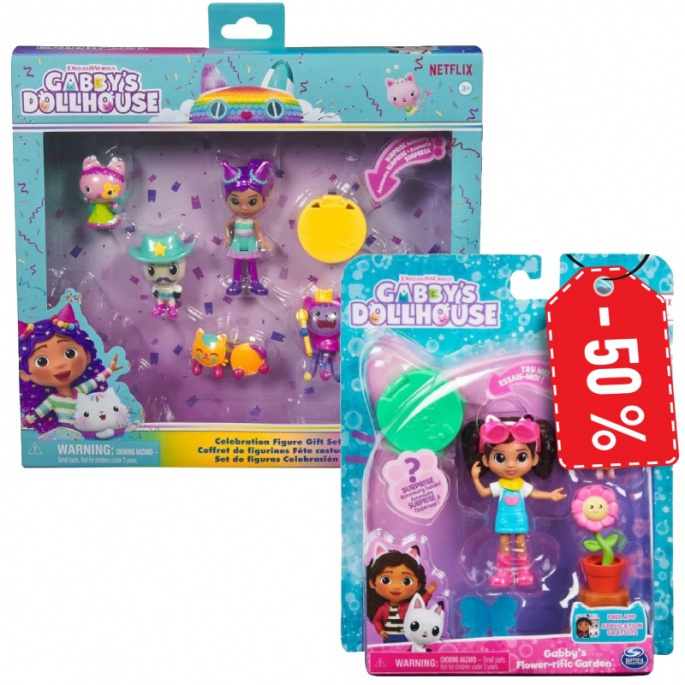 Aktion: Gabby's Dollhouse, Mehrfachpackung von Figuren, Feier + Spielset Garten zum halben Preis