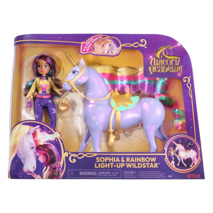 Sparset: Unicorn Academy leuchtender Wildstar 28 cm und Sophia 24 cm + Halskette mit Ring