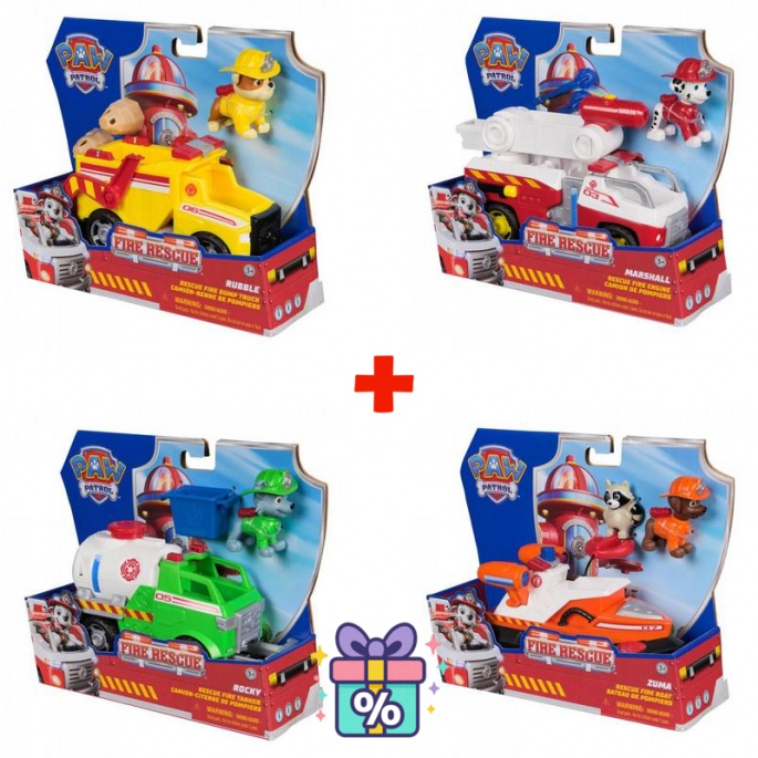 Sparset: Paw Patrol Fire Rescue Fahrzeug Rubble + Marshall + Rocky + Zuma
