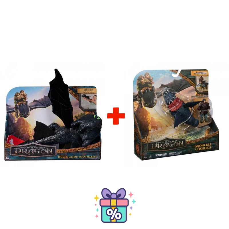 Vorteilspaket: Drachenzähmen leicht gemacht Plüschfigur Ohnezahn umarmend + Gronckel und Fischbein