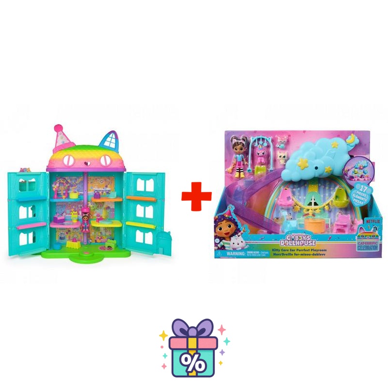 Vorteilspaket: Gabby’s Dollhouse Feierhaus + Spielset Krippe