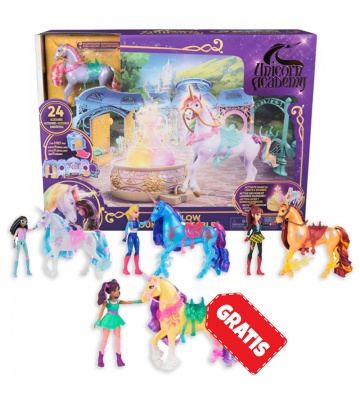 AKTION: Zusammenklappbarer Stall Unicorn Academy + 7 Einhörner und 11 cm Figuren + Ava und Leaf GRATIS