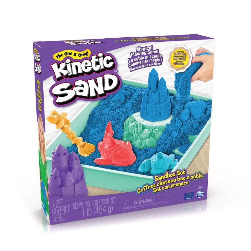 Kinetic Sand Box mit flüssigem Sand und blauer Unterlage