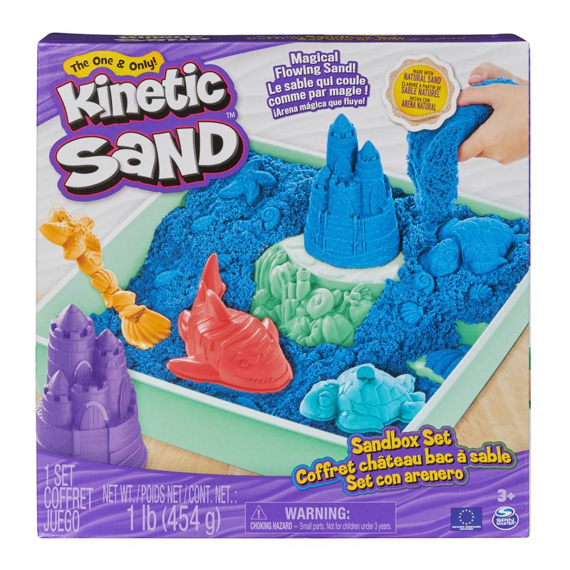 Kinetic Sand Box mit flüssigem Sand und blauer Unterlage