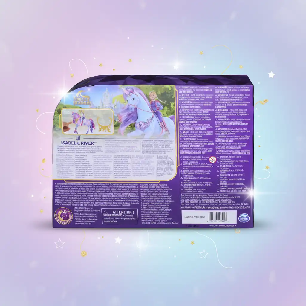 Detailliert gestaltete Puppe Isabel und ihr leuchtendes Einhorn River.