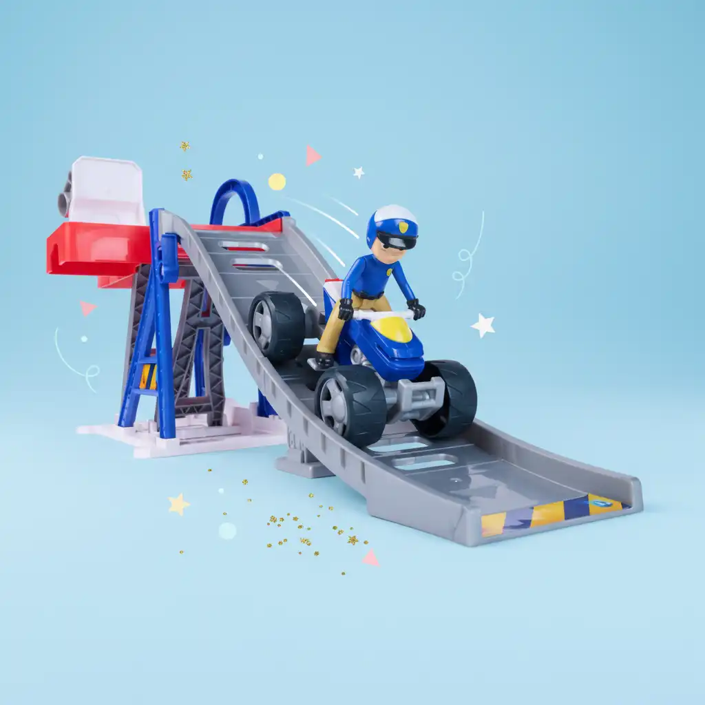 Entdecke neue Spielmöglichkeiten mit einer langen Abfahrtsrampe.