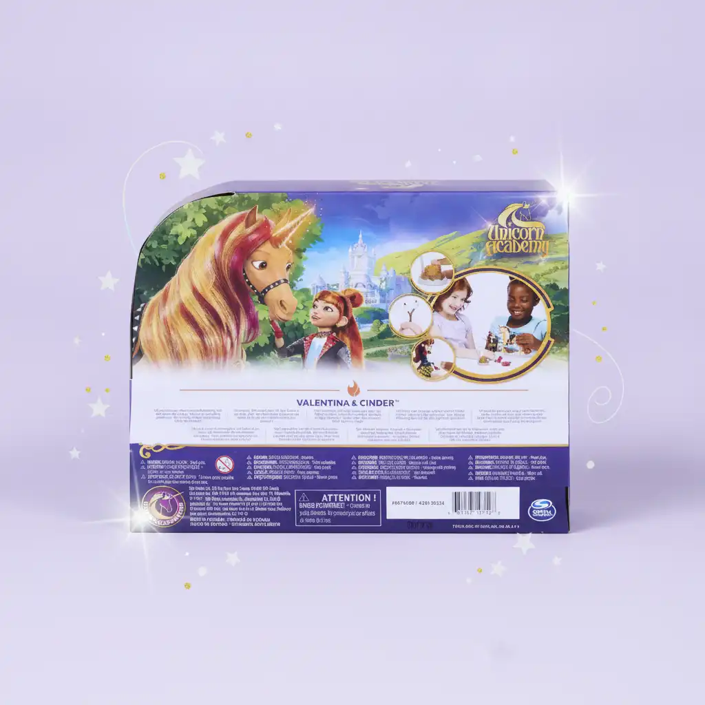 Detaillierte Puppe von Valentina und Einhorn Cinder mit Zubehör.